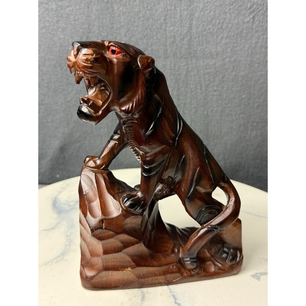 Vintage Hand Carved Wooden Tiger Statues Glass Eyes Made in Korea Asian Figurine